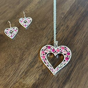 Sparkling 16inch Pink Crystal Heart Necklace and Earrings Rodium Plated Metal
